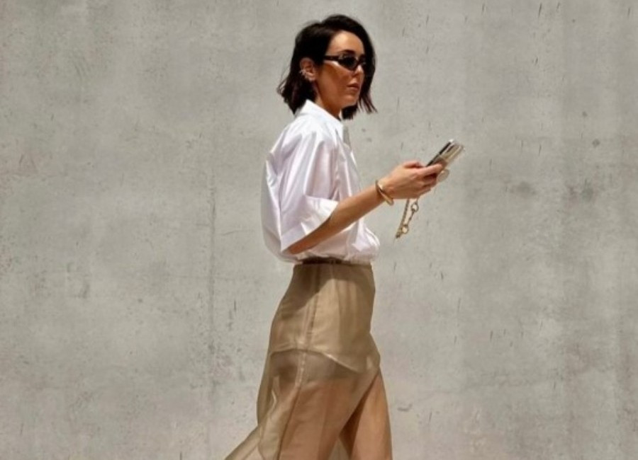 Oversized Satin Shirt with Flowing Sheer Midi Skirt Oversized Satin Shirt with Flowing Sheer Midi Skirt — Conference Outfits 2027