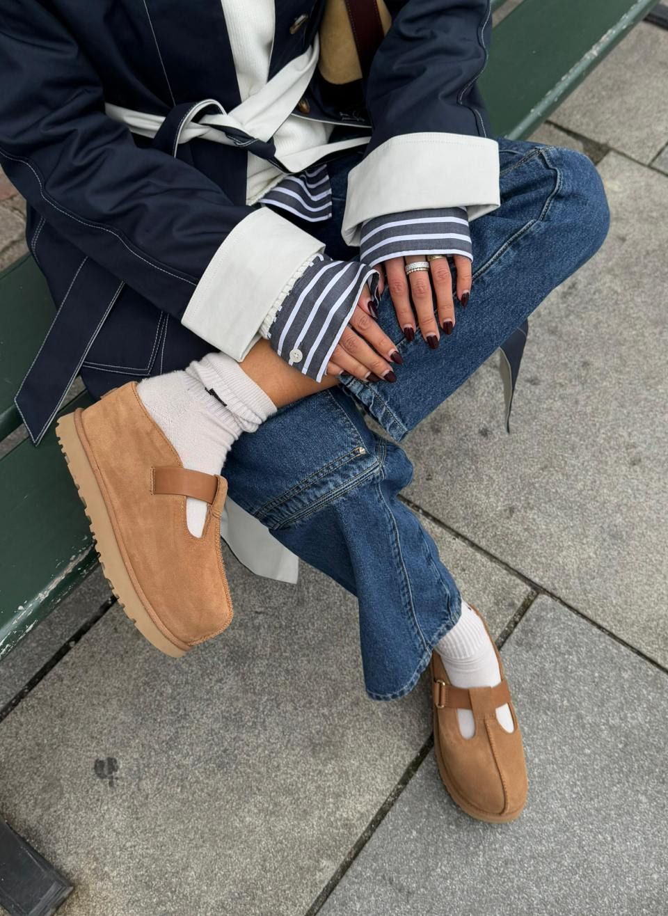 Mary Jane Uggs with Trench Coat and Stripes Mary Jane Uggs with Trench Coat and Stripes — Uggs Outfits 2027