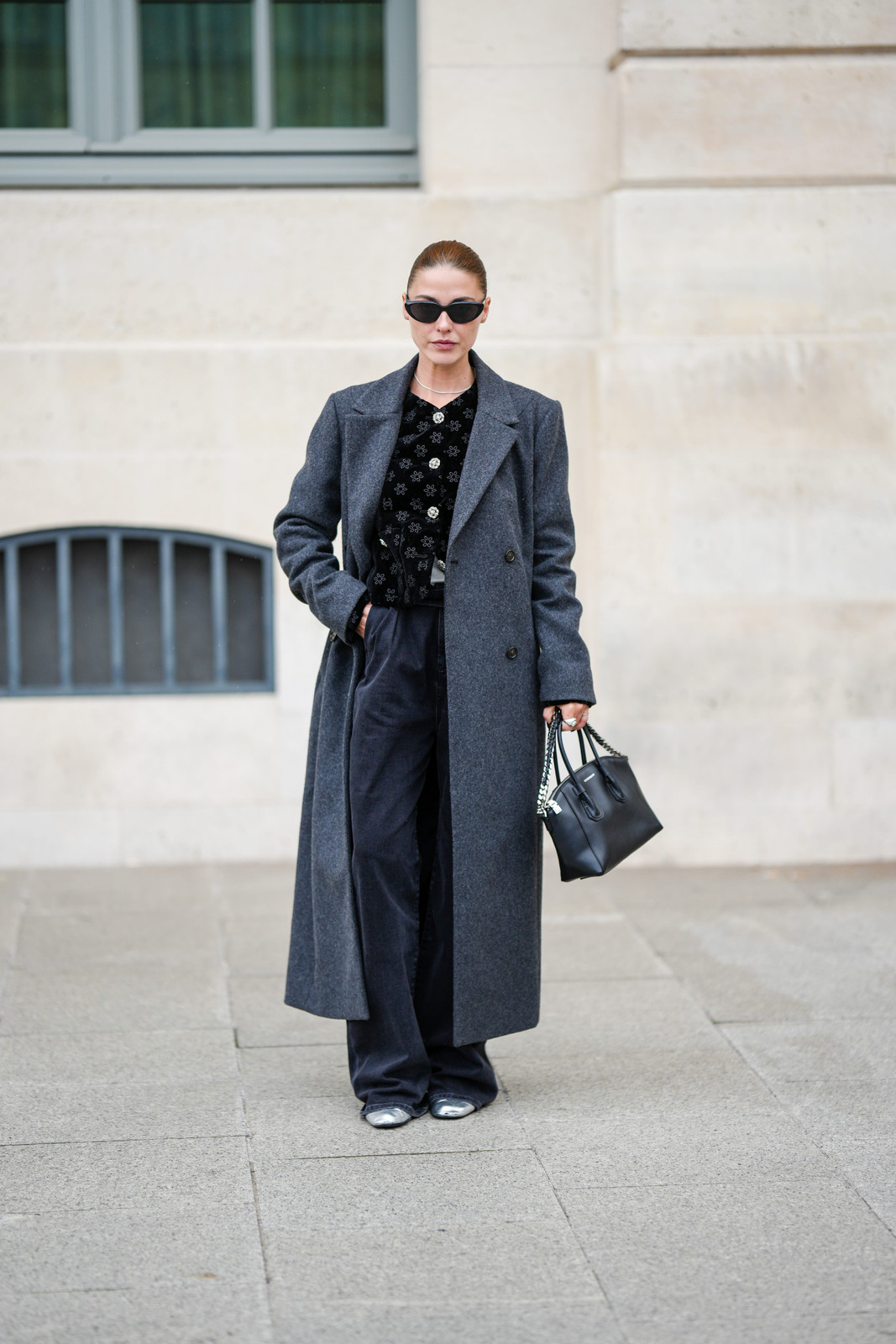 Charcoal Wool Coat Over Embellished Top and Corduroy Trousers Charcoal Wool Coat Over Embellished Top and Corduroy Trousers — Winter Casual Outfits 2027