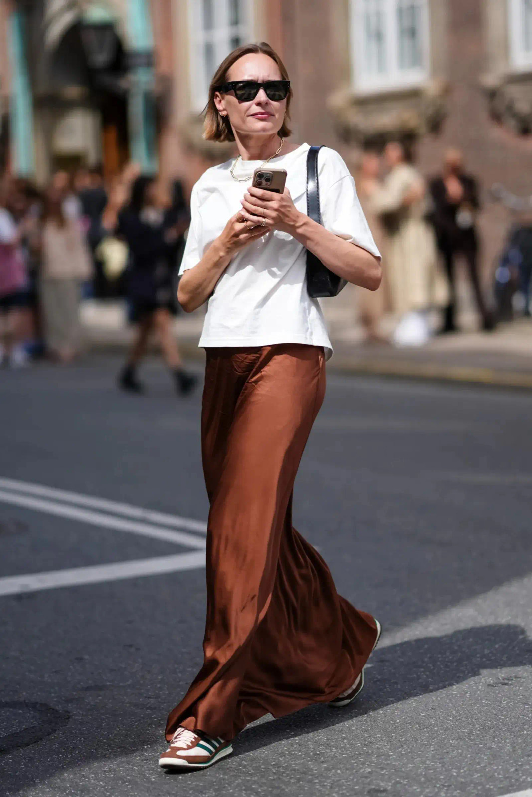 Casual Cool: Brown Satin Skirt Paired with a White Tee and Sneakers — Slip Skirt Outfits 2027