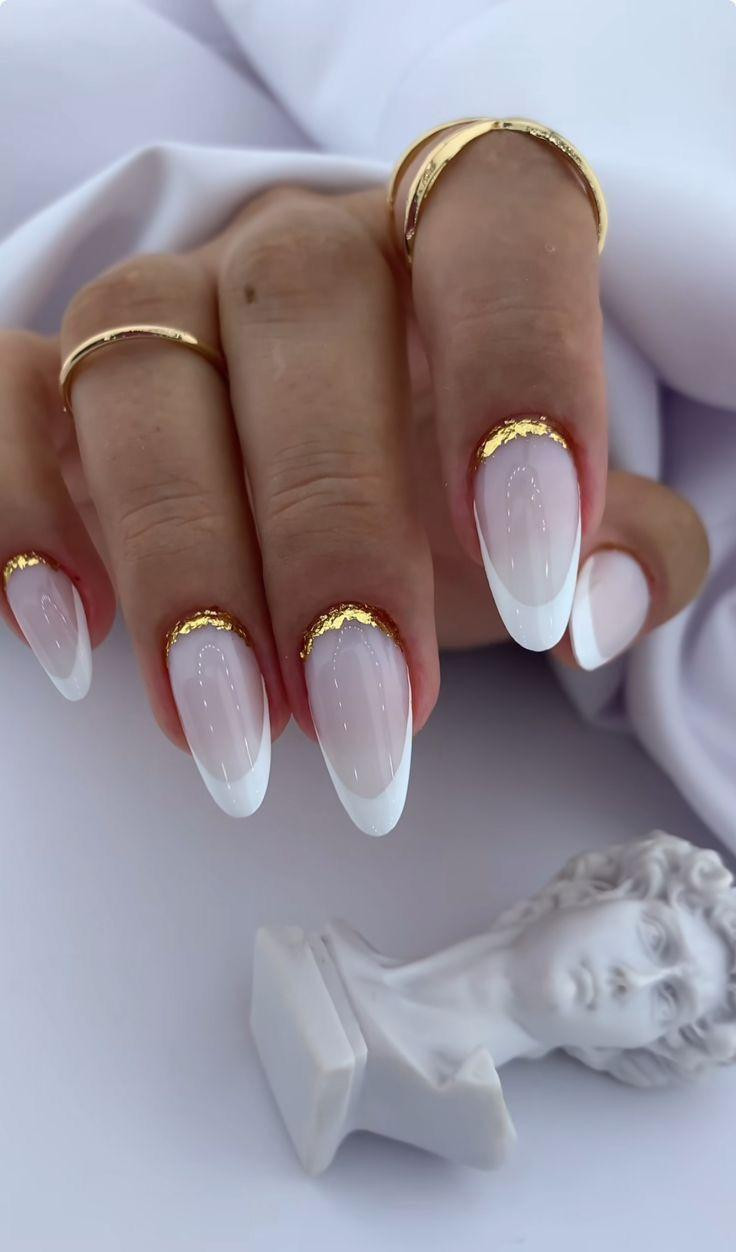 Gold Foil Smile Line Almond Nails — Wedding French Tip Nails 2027