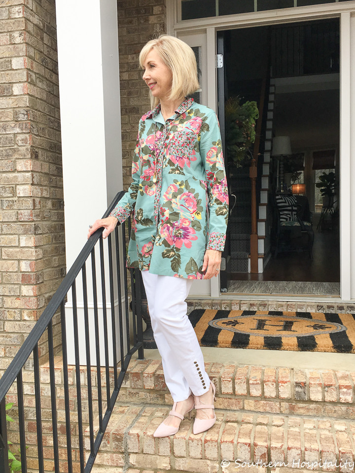Teal Floral Print Tunic with White Trousers Teal Floral Print Tunic with White Trousers — Easter Church Outfits 2027