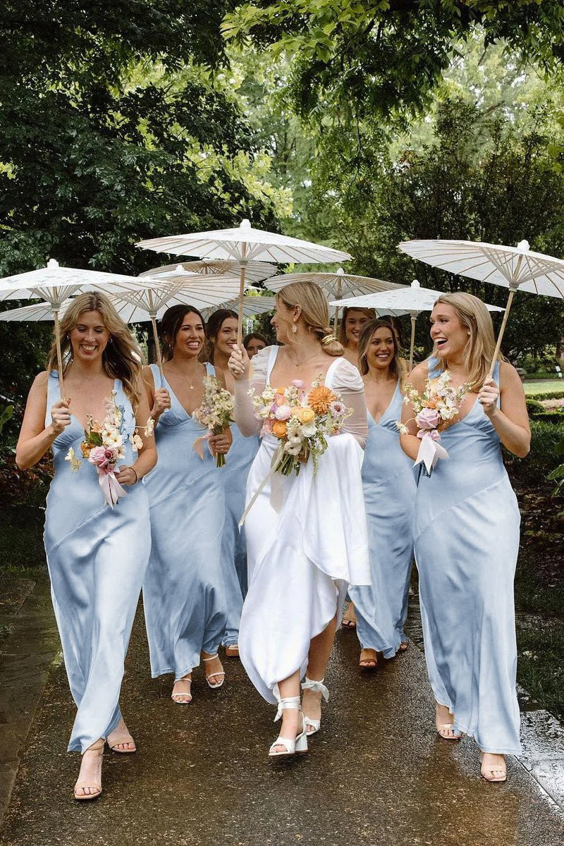Coordinated Light Blue Satin Slip Dresses with Umbrellas — Satin Bridesmaid Dresses 2027