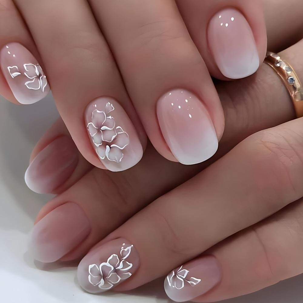 Short Oval Ombre with 3D Flowers — Prom Press On Nails 2027