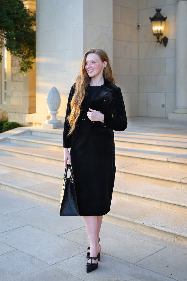 Sophisticated Black Velvet Blazer and Dress Ensemble Sophisticated Black Velvet Blazer and Dress Ensemble — Mothers Day Church Outfits 2027