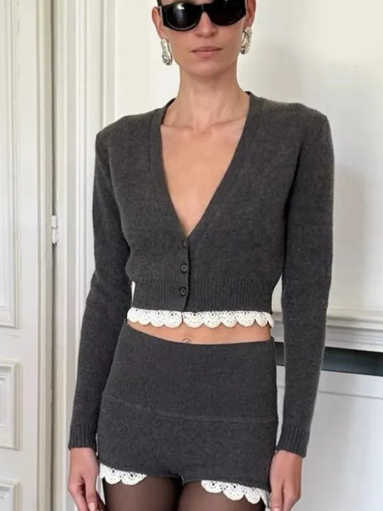 Charcoal Grey Cropped Cardigan and Shorts Set with Lace Trim Charcoal Grey Cropped Cardigan and Shorts Set with Lace Trim — Matching Set Outfits 2027