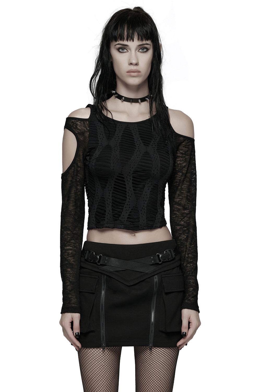 Cut-Out Shoulder Mesh Top With Fishnet Stockings — Mesh Top Outfits 2027