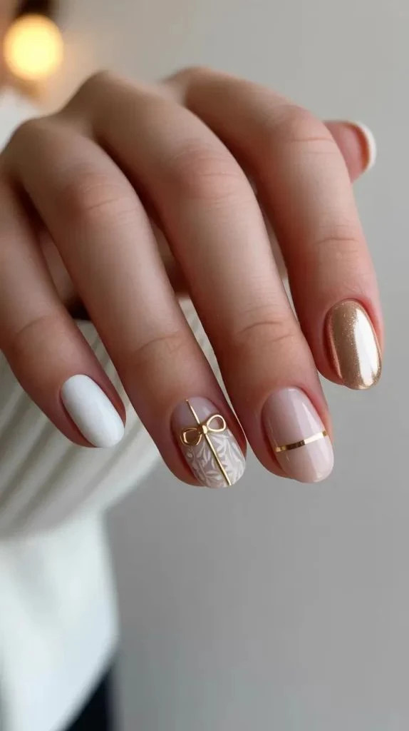 Rose Gold Lace Bow Short Oval Nails Rose Gold Lace Bow Short Oval Nails — Easy Christmas Nails 2026