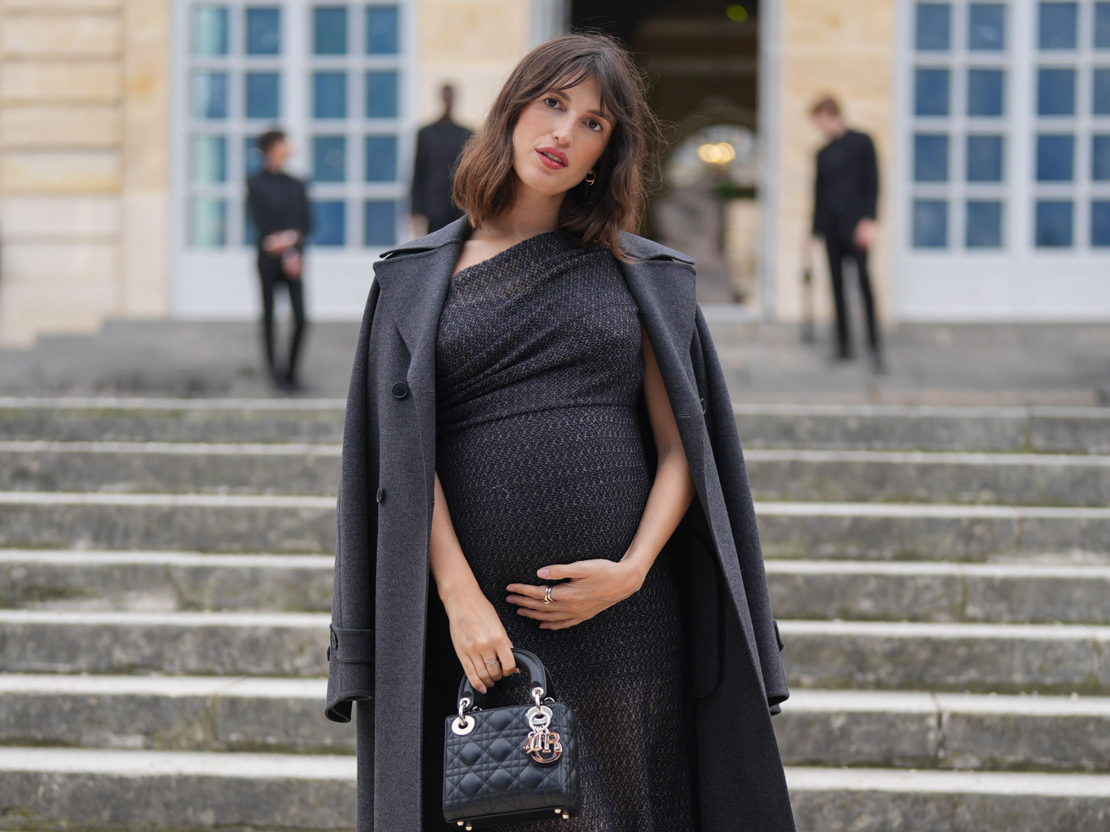 Elegant Maternity Comfort: One-Shoulder Knit Dress with Draped Coat Elegant Maternity Comfort: One-Shoulder Knit Dress with Draped Coat — Maternity Outfits 2027