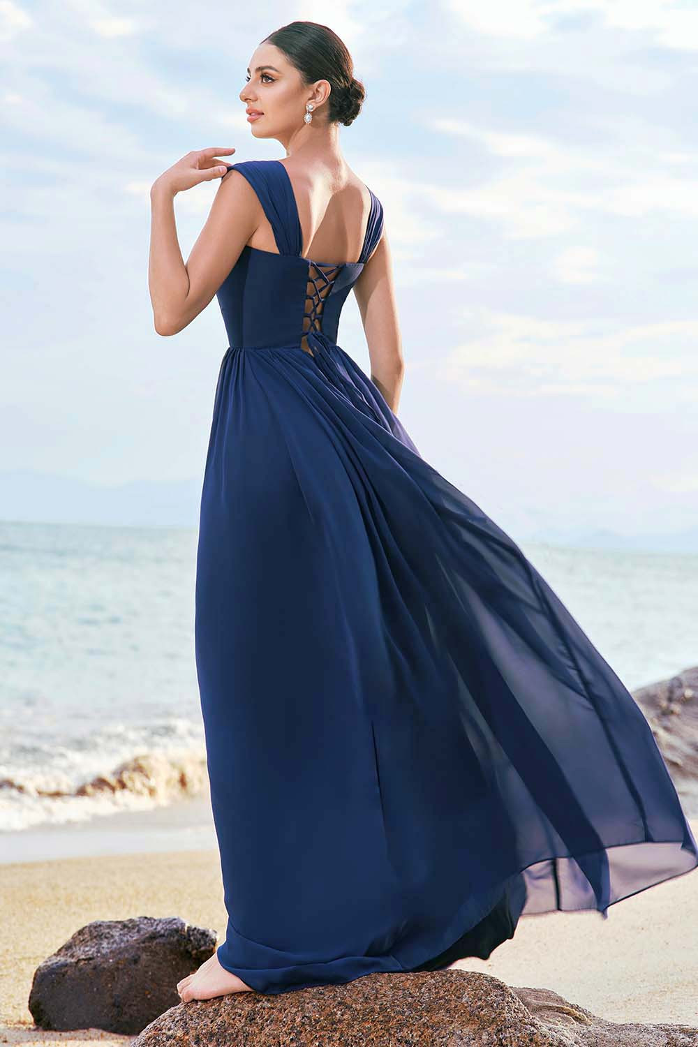 Dark Blue Chiffon A-Line Dress with Corset-Effect Lace-Up Back Dark Blue Chiffon A-Line Dress with Corset-Effect Lace-Up Back — Corset Prom Dresses 2027