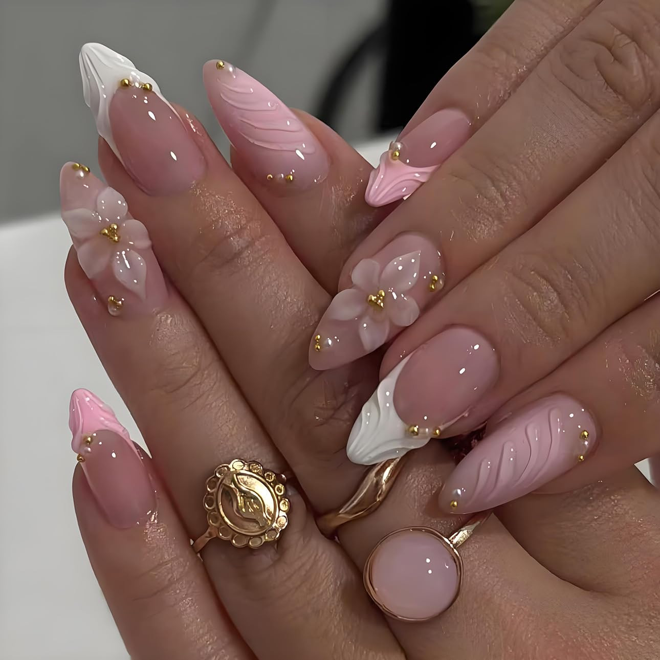 Long Pink French with 3D Flowers Long Pink French with 3D Flowers — Almond Press On Nails 2027