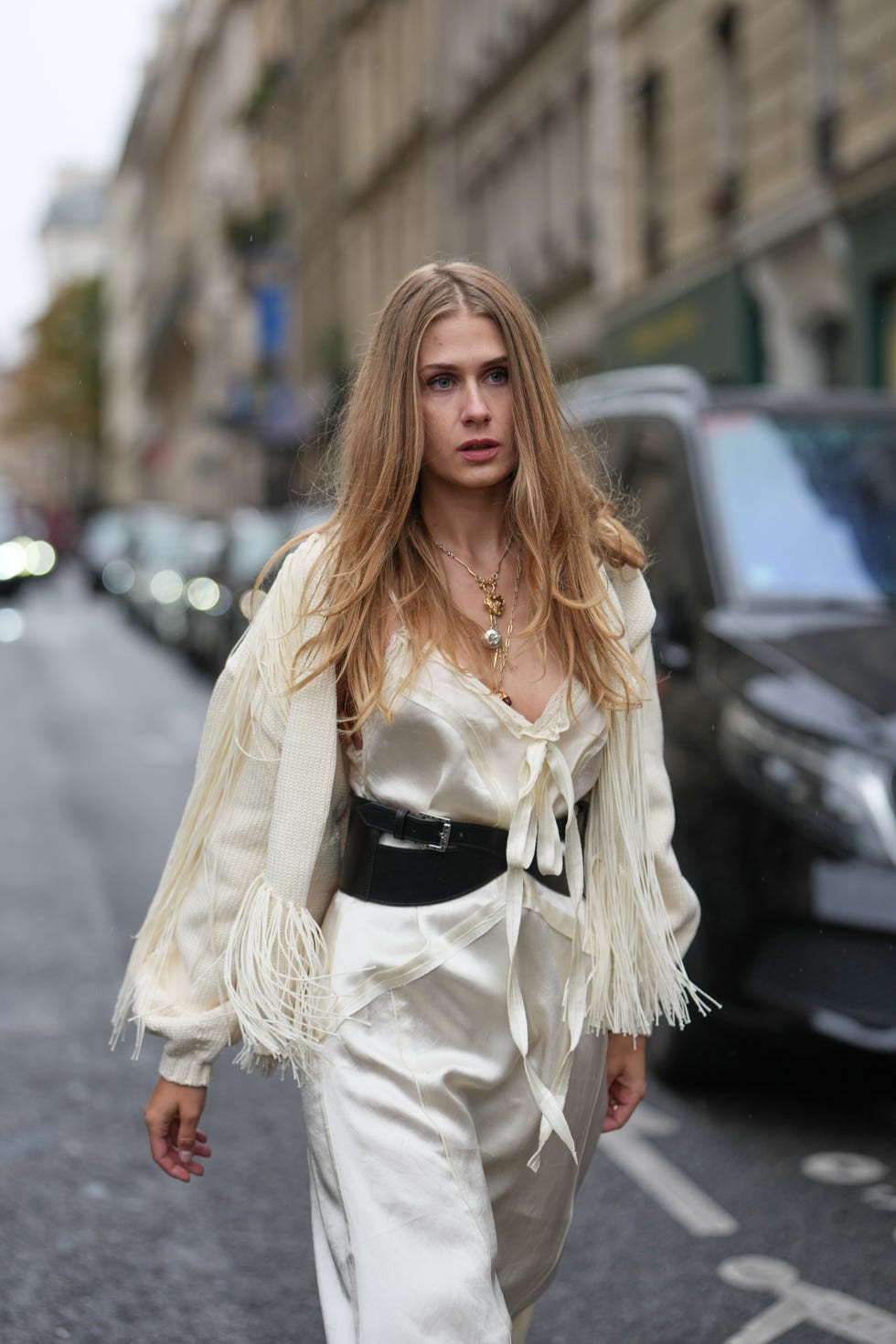 Casual Chic: Cream Satin Slip Dress with Fringe Cardigan Casual Chic: Cream Satin Slip Dress with Fringe Cardigan — Satin Dresses 2027