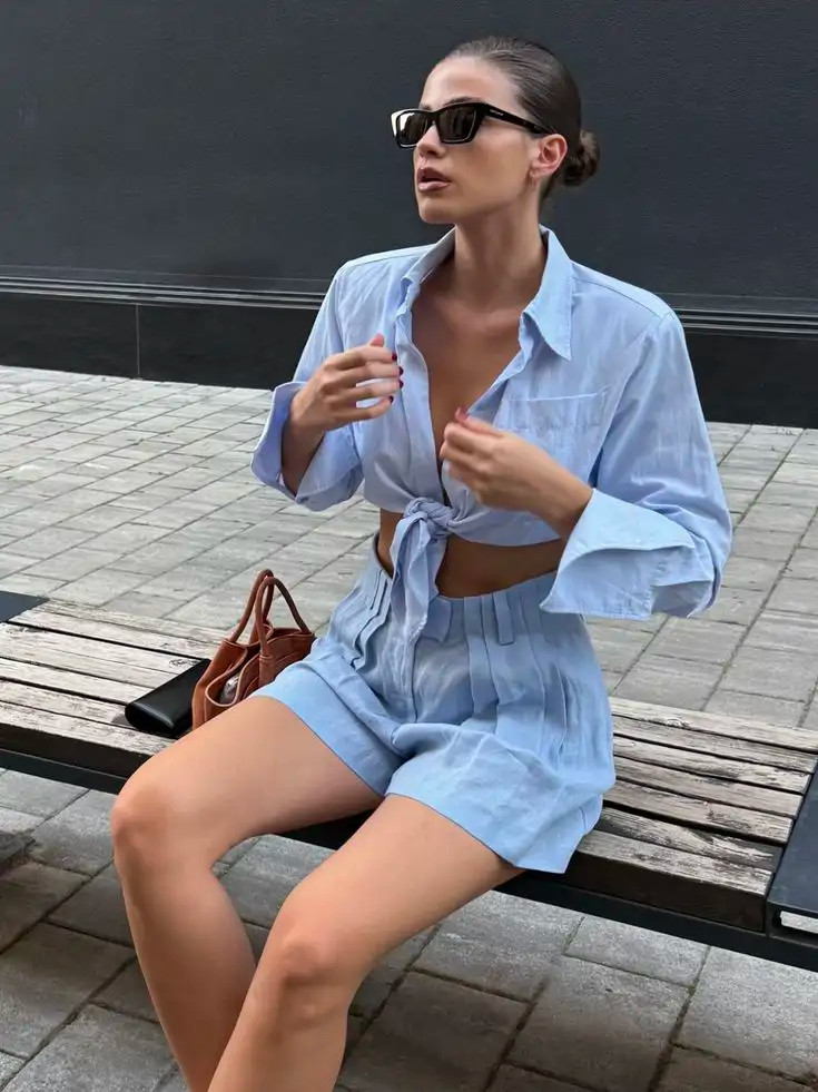 Light Blue Linen Tie-Front Shirt and Shorts Set Light Blue Linen Tie-Front Shirt and Shorts Set — Linen Outfits 2027