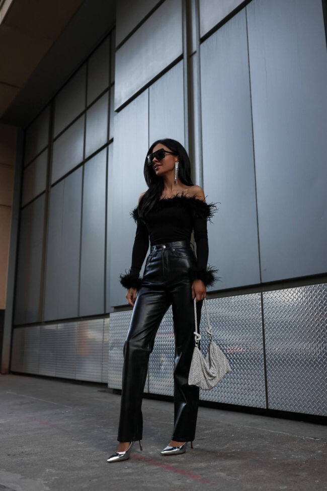 Edgy Leather Pants with Feather Detail Edgy Leather Pants with Feather Detail — New Years Eve Outfits 2027