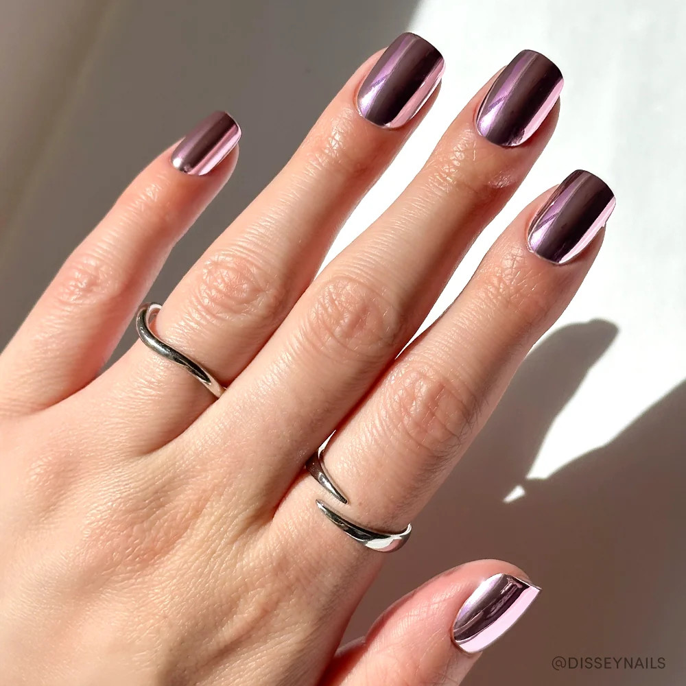 Chrome Metallic Rose Pink Short Squares — Pink Chrome Nails 2027