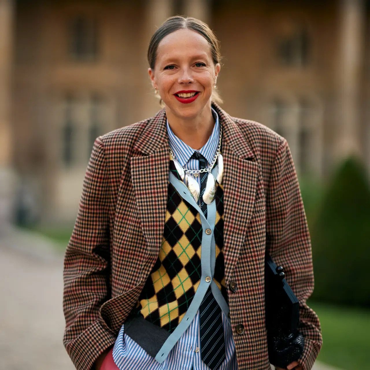 Layered 80s Smart Casual with Plaid Blazer and Argyle Vest — 80s Outfits 2027
