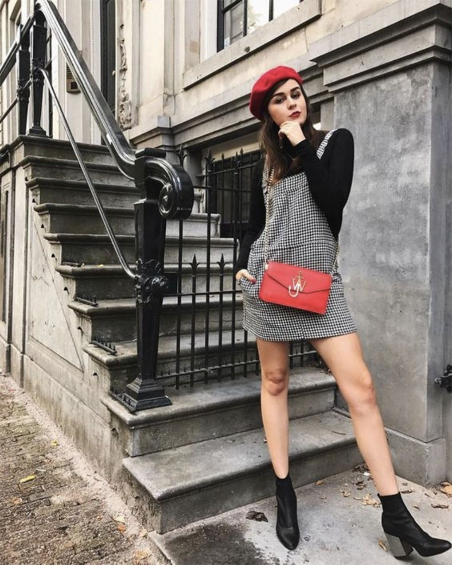 Playful Prep: Red Beret with Pinafore Dress and Ankle Boots Playful Prep: Red Beret with Pinafore Dress and Ankle Boots — Beret Outfits 2027