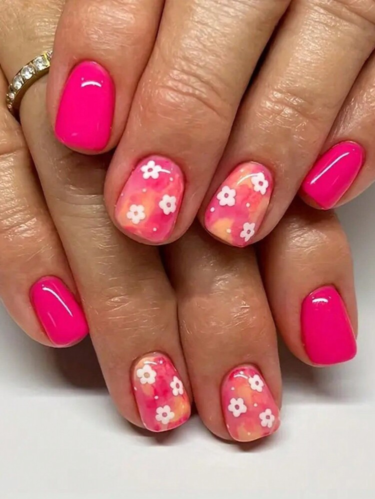 Watercolor Pink Orange Yellow Floral Square Nails Watercolor Pink Orange Yellow Floral Square Nails — Spring Square Nails 2027