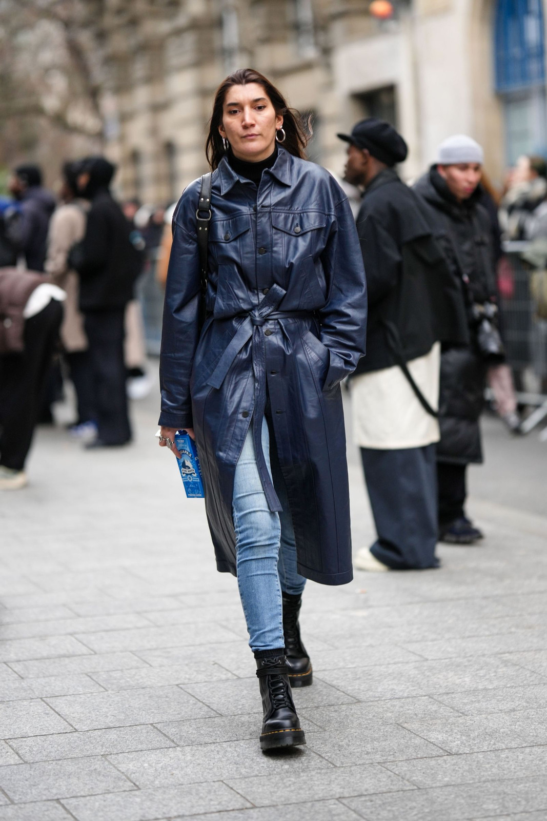 Light Blue Skinny Jeans with Navy Leather Trench Coat — Scene Skinny Jeans Outfits 2027