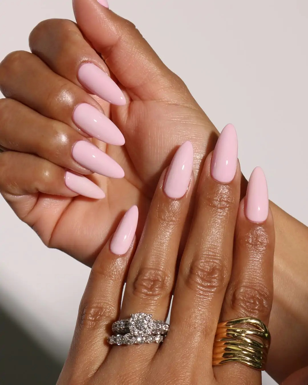 Solid Light Pink Glossy Almonds — Prom Almond Nails 2027