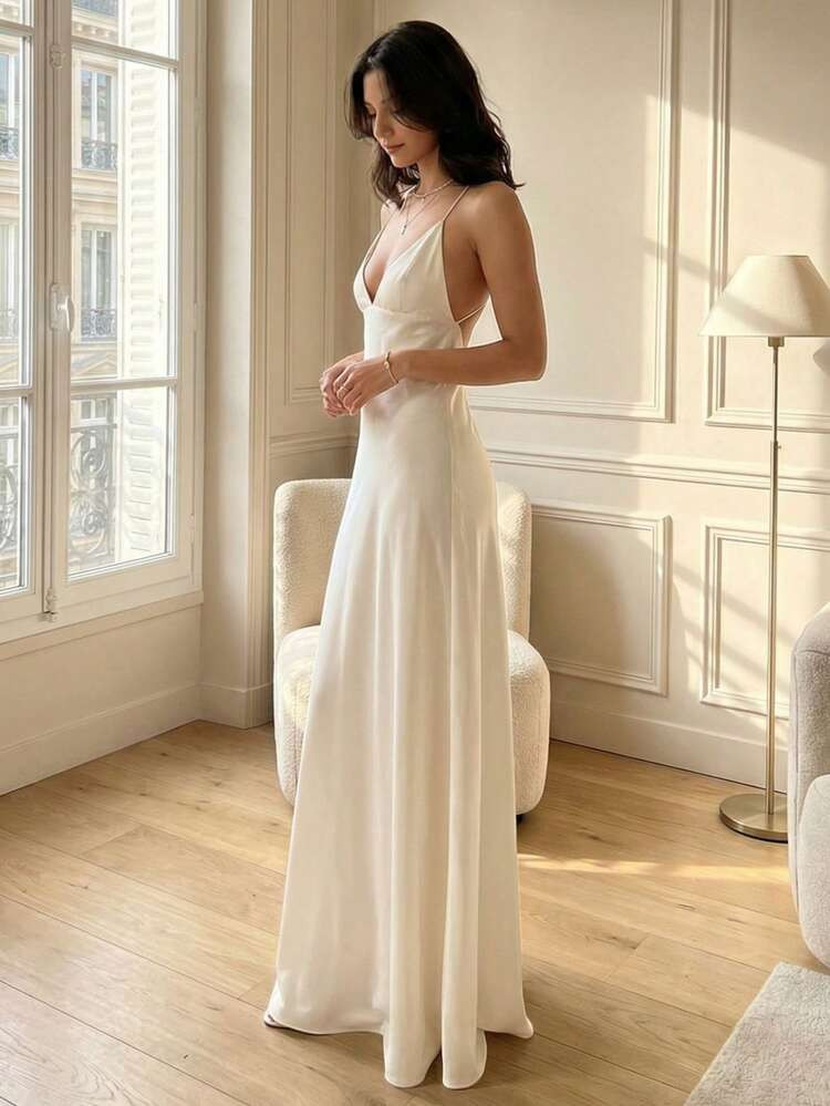 Ivory Satin Slip Dress with Low Back and Flowing Silhouette Ivory Satin Slip Dress with Low Back and Flowing Silhouette — Satin Prom Dresses 2027
