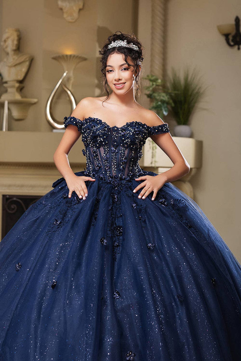 Navy Blue Ball Gown with Off-Shoulder Embellishments Navy Blue Ball Gown with Off-Shoulder Embellishments — Sweet 16 Dresses 2027