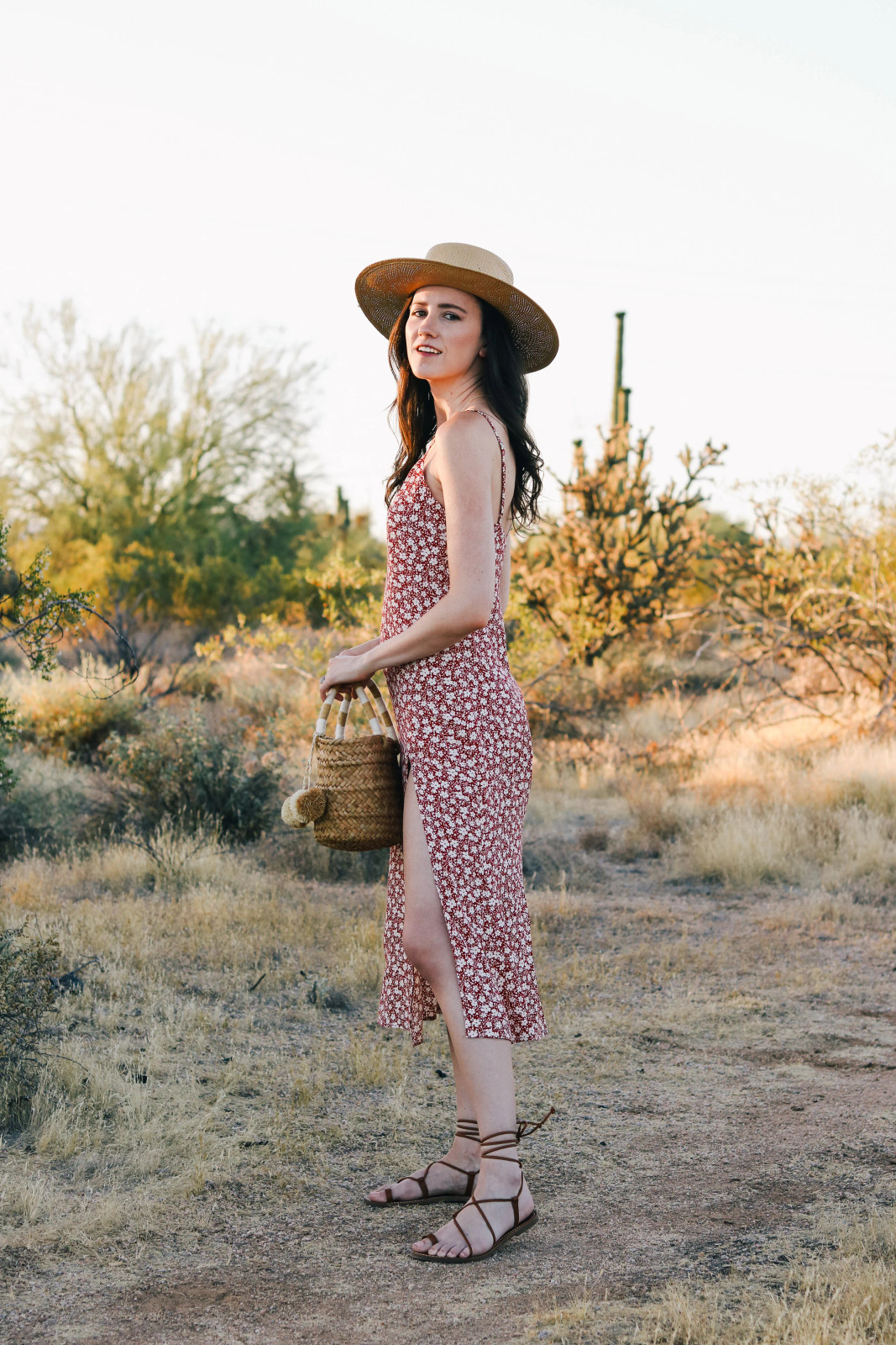 Flowy Floral Midi Dress with Lace-Up Sandals and Straw Accessories — Scottsdale Outfits 2027
