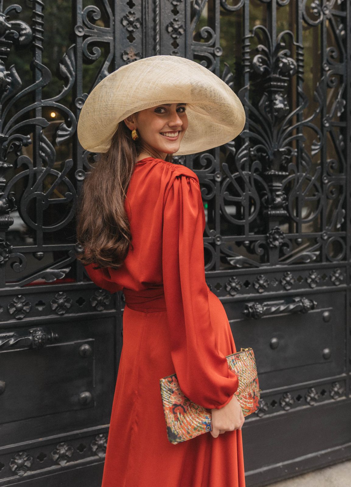 Vibrant Red Satin Wrap Dress with Oversized Straw Hat Vibrant Red Satin Wrap Dress with Oversized Straw Hat — Wedding Guest Outfits 2027
