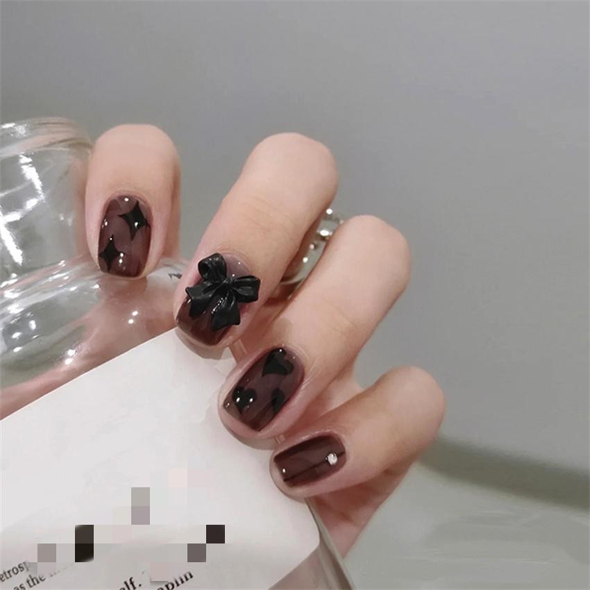 Brown Tortoiseshell Black 3D Bow Square Nails Brown Tortoiseshell Black 3D Bow Square Nails — Short Bow Nails 2027