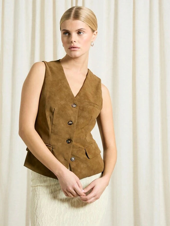 Brown Suede Vest over Lace Skirt: Unexpected Texture for Business Brown Suede Vest over Lace Skirt: Unexpected Texture for Business — Business Professional Outfits 2027