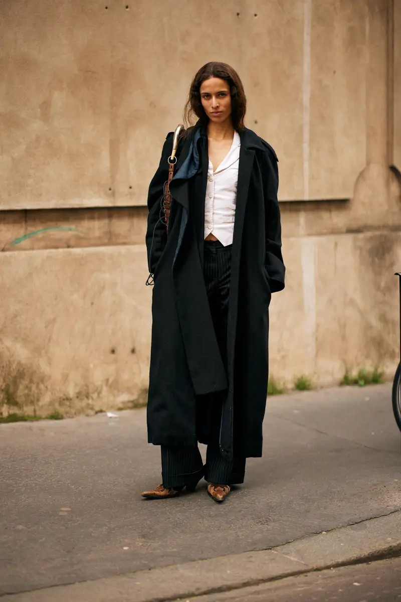Long Black Coat with Pinstripe Trousers — Casual Teacher Outfits 2027