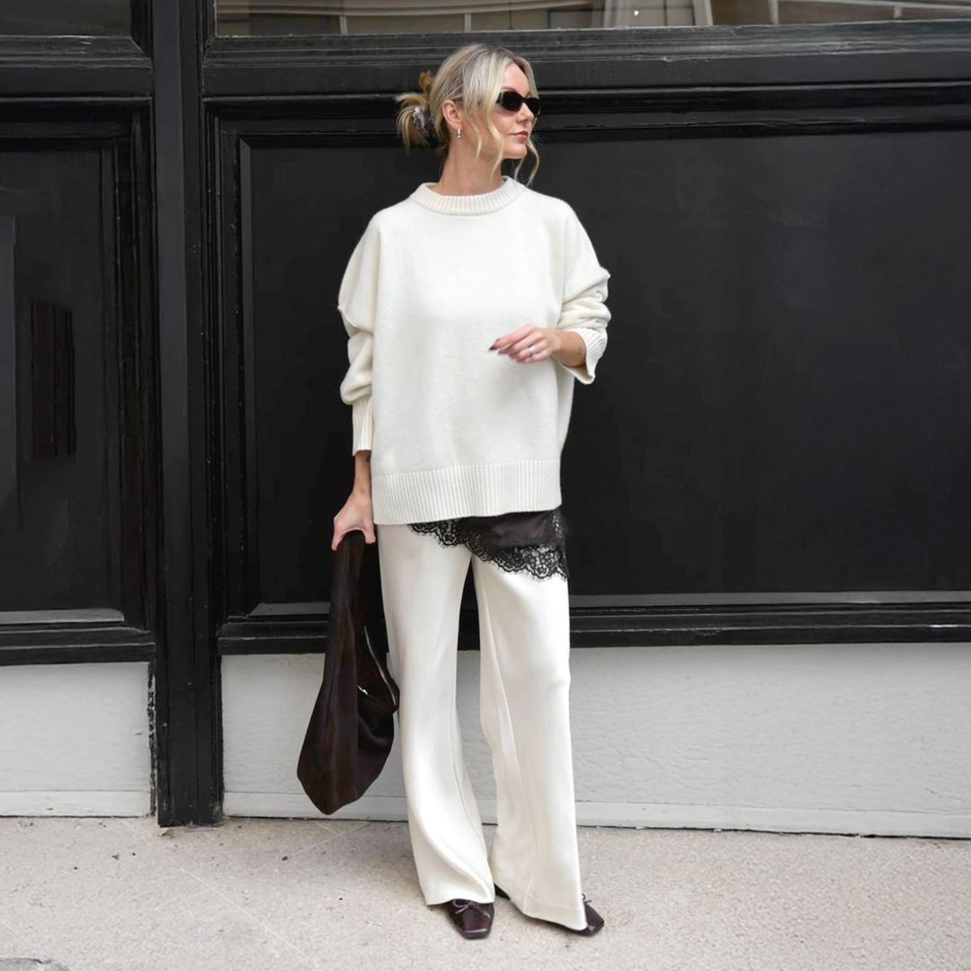 Cozy Cream Sweater with Lace-Trimmed Wide-Leg Trousers Cozy Cream Sweater with Lace-Trimmed Wide-Leg Trousers — Winter Cream Outfits 2027
