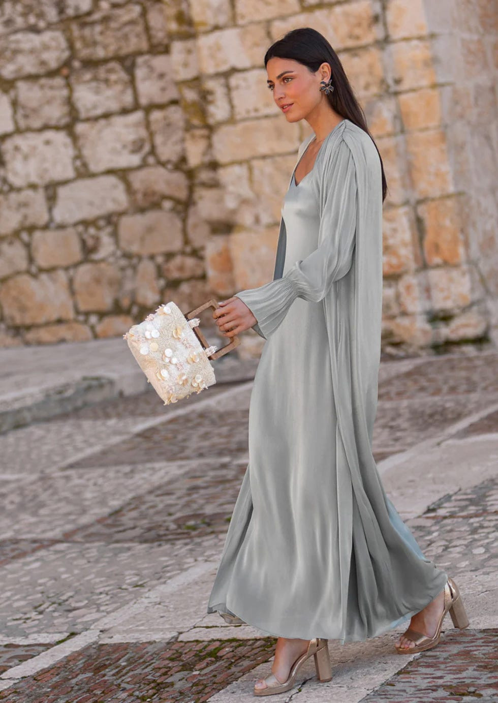 Pale Grey Satin Dress with Open Cardigan for a Layered Look Pale Grey Satin Dress with Open Cardigan for a Layered Look — Church Dresses 2027