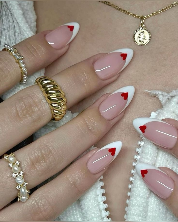 Precise French Tip Application Classic French with Tiny Red Heart Precise French Tip Application Classic French with Tiny Red Heart — Pink Valentines Nails 2027