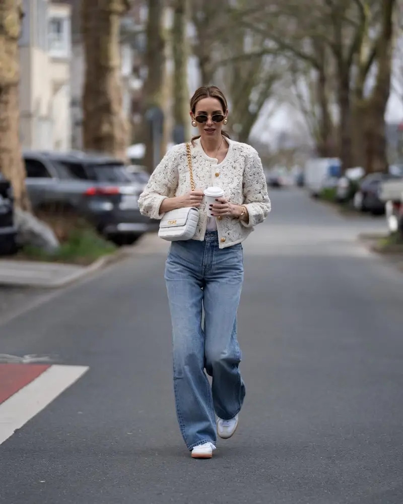 Cream Textured Jacket with Wide-Leg Jeans and White Sneakers Cream Textured Jacket with Wide-Leg Jeans and White Sneakers — Spring Outfits 2027 with Sneakers