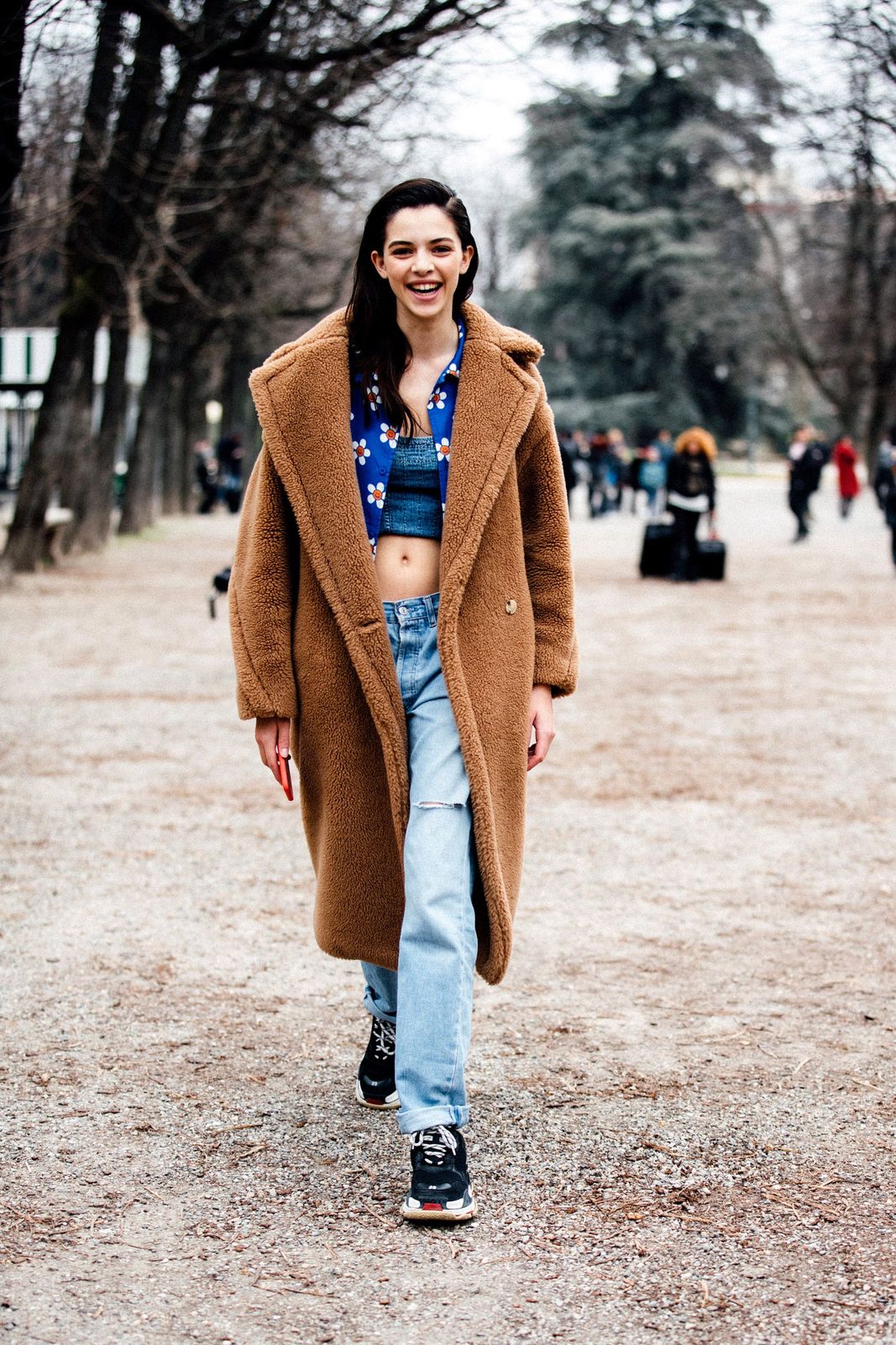Brown Teddy Coat with Floral Crop Top and Ripped Jeans — Teddy Coat Outfits 2027