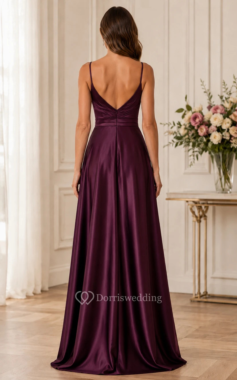 Plum Satin A-Line Dress with V-Neck and Spaghetti Straps — Satin Bridesmaid Dresses 2027