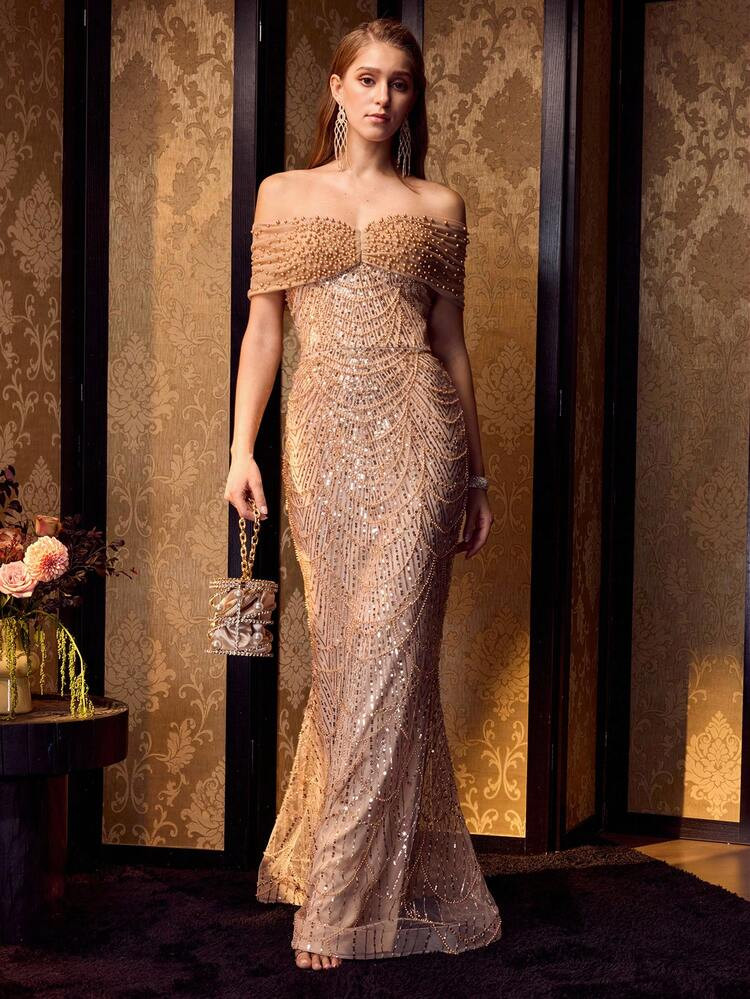 Champagne Beaded Off-the-Shoulder Gown with Ruched Bodice Champagne Beaded Off-the-Shoulder Gown with Ruched Bodice — Corset Prom Dresses 2027