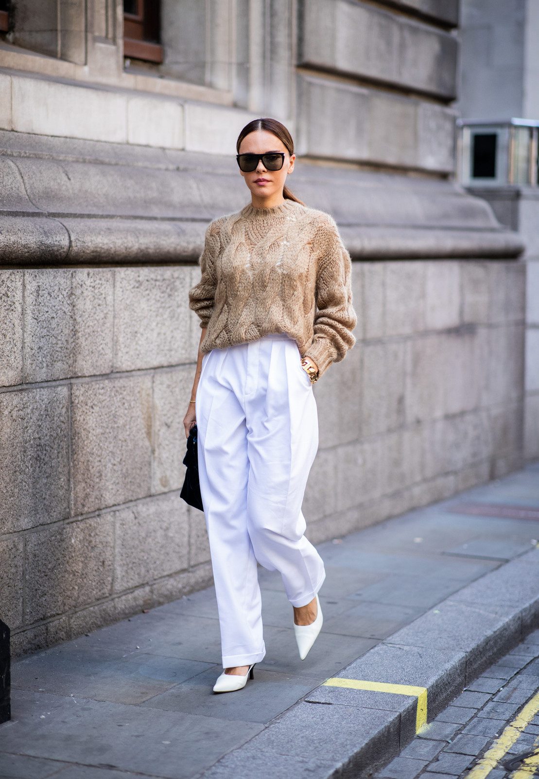 Textural Harmony: White Wide-Leg Trousers with Beige Cable-Knit Textural Harmony: White Wide-Leg Trousers with Beige Cable-Knit — White Jeans Outfits 2027
