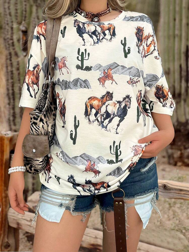 Western Print Tee with Denim Shorts — Summer Country Concert Outfits 2027