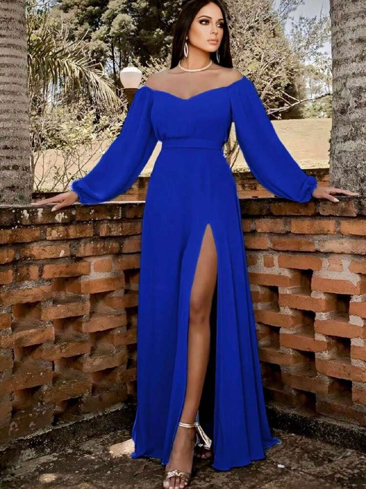 Royal Blue Off-the-Shoulder Satin Dress with Bell Sleeves Royal Blue Off-the-Shoulder Satin Dress with Bell Sleeves — Off the Shoulder Dresses 2027