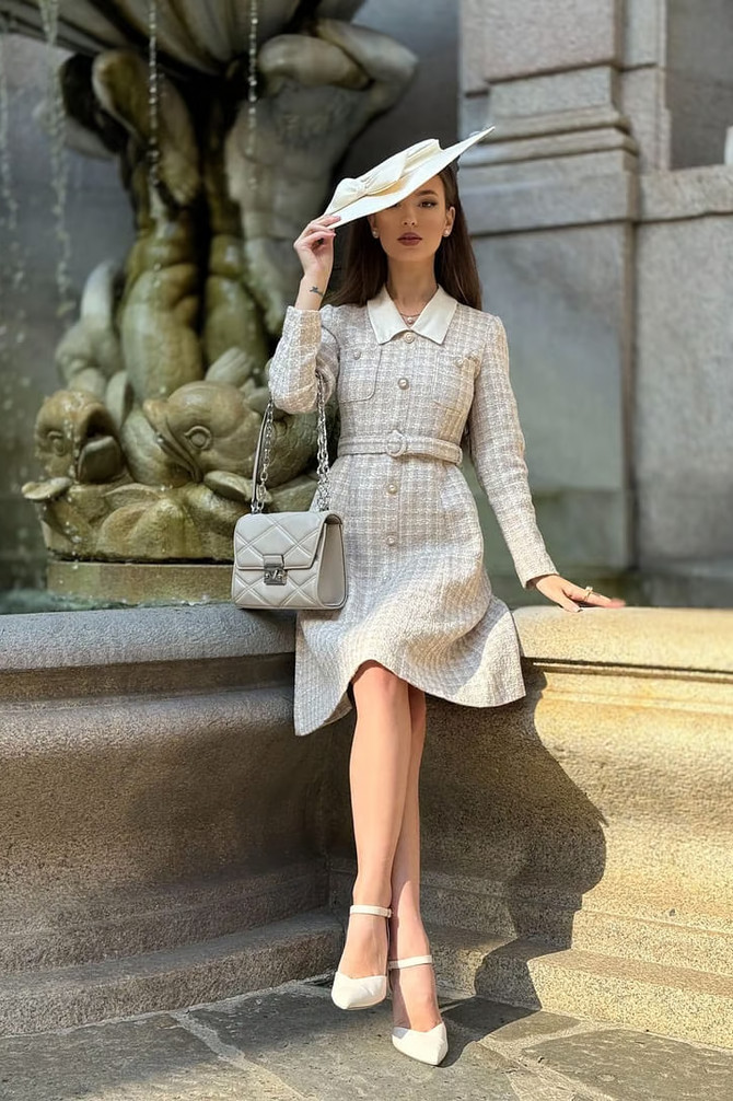 Light Beige Tweed Dress with Contrasting Collar and Cuffs — Semi Formal Dresses 2027
