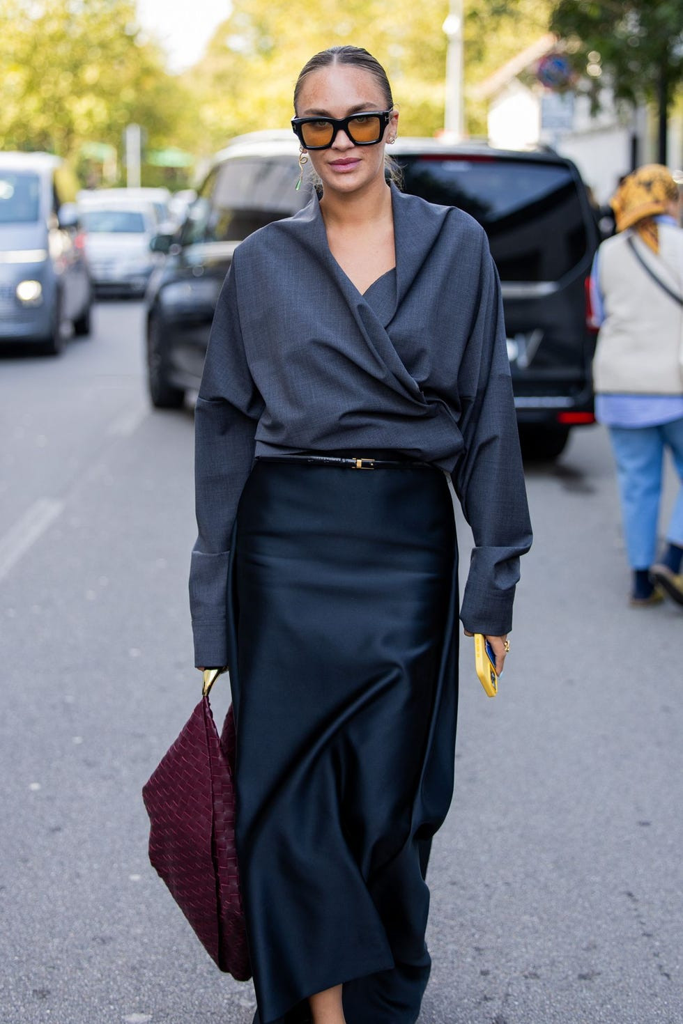 Oversized Wrap Top and Grey Slip Skirt for Modern Elegance — Slip Skirt Outfits 2027