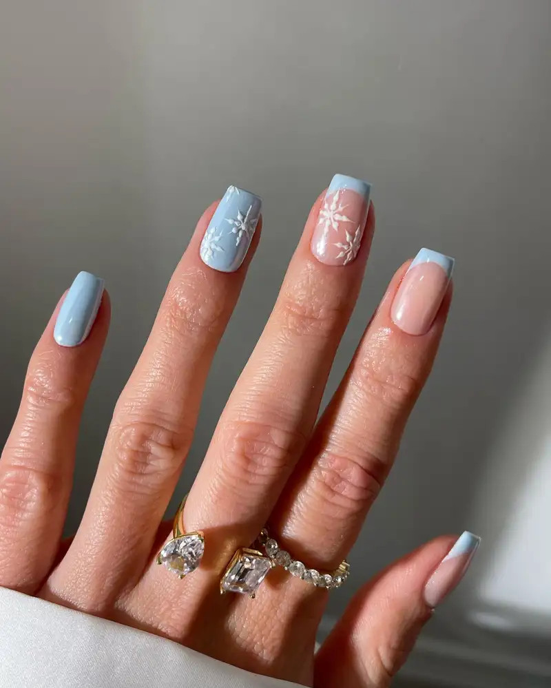 Light Blue Snowflake French Tips Light Blue Snowflake French Tips — Easy Christmas Nails 2026