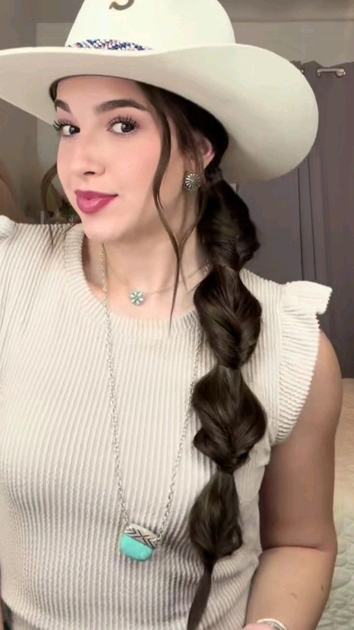Dark Brown Bubble Braid With Caramel Highlights Dark Brown Bubble Braid With Caramel Highlights — Cowboy Hat Hairstyles 2027