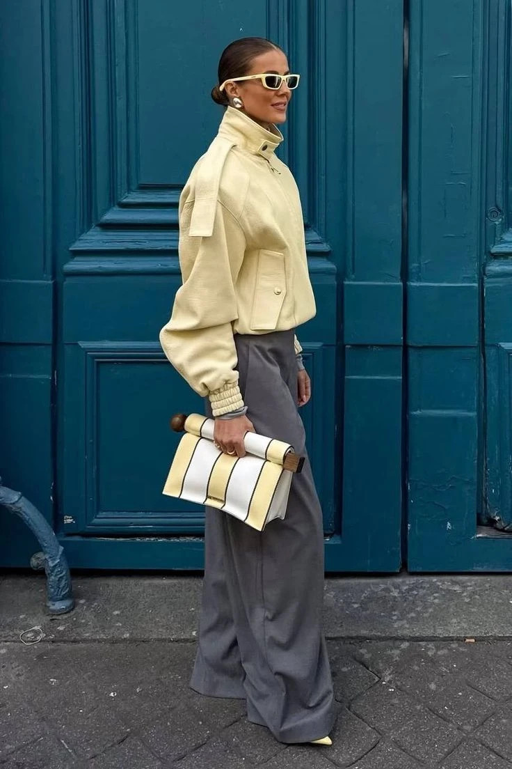 Oversized Yellow Bomber Jacket with Wide-Leg Trousers Oversized Yellow Bomber Jacket with Wide-Leg Trousers — London Outfits 2027