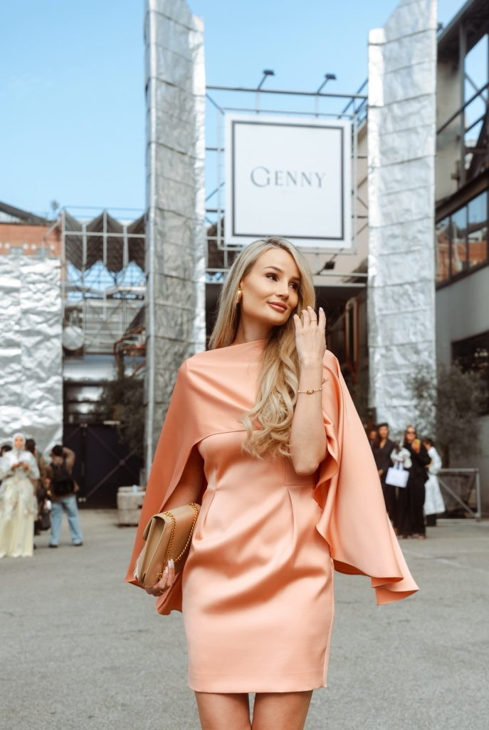 Sophisticated Satin: Peach Capelet Dress for an Anniversary Sophisticated Satin: Peach Capelet Dress for an Anniversary — Anniversary Outfits 2027