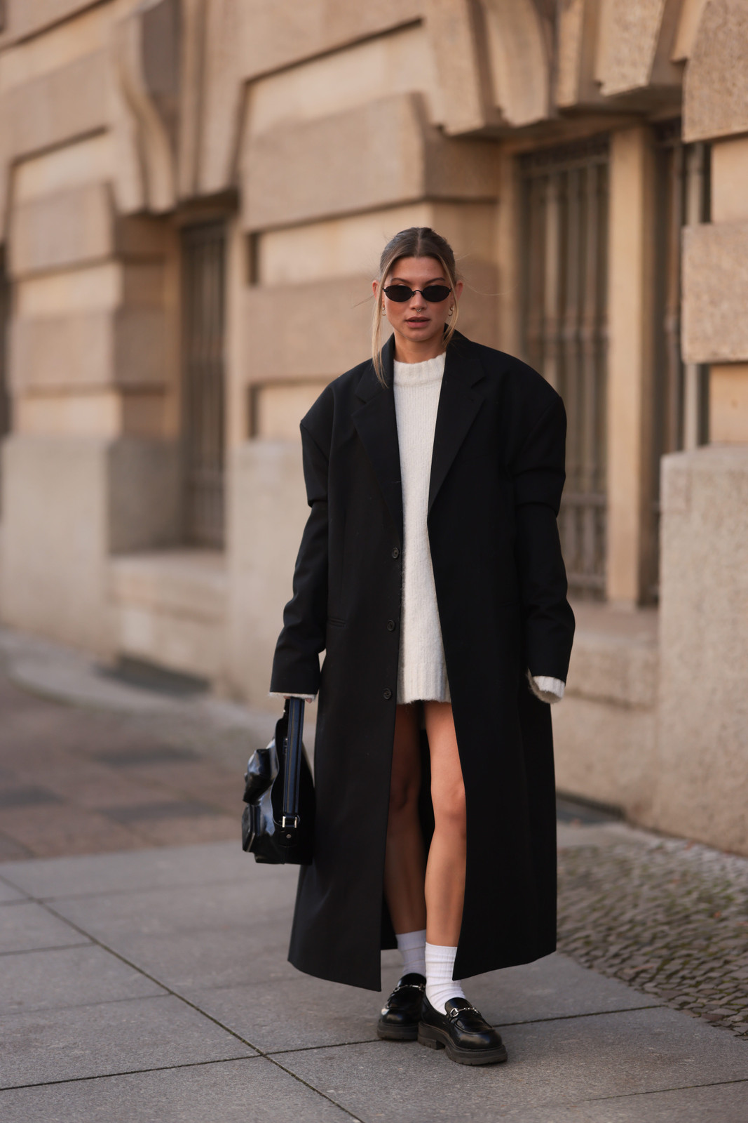 Monochromatic Drama: Loafers with Oversized Coat and Sweater Dress Monochromatic Drama: Loafers with Oversized Coat and Sweater Dress — Loafer Outfits 2027