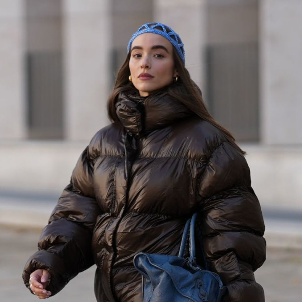 Oversized Shiny Brown Puffer with Blue Accessories — Winter Outfits 2027 with Puffer