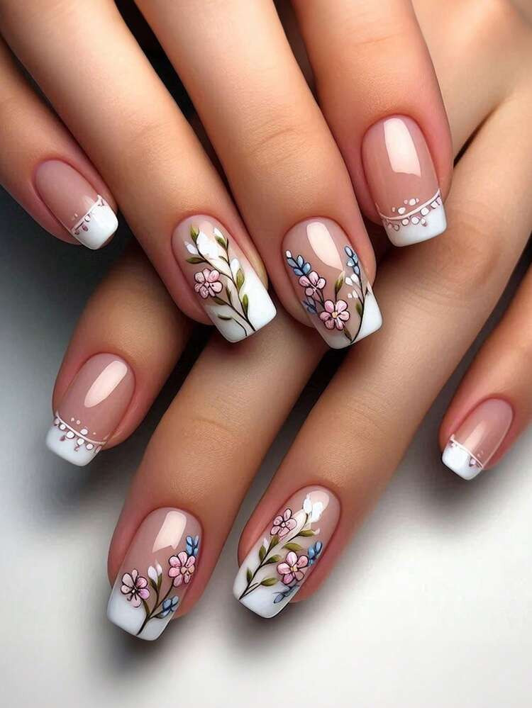 Hand-Painted Floral Branches French Tips Hand-Painted Floral Branches French Tips — Floral Acrylic Nails 2027